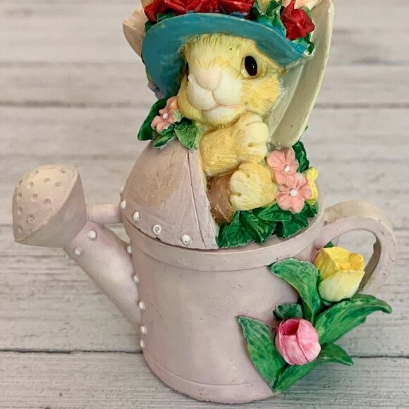 Vintage Bunny Rabbit Watering Can Lidded Trinket Box Tulips Roses Sun Bonnet Hat - Picture 14 of 16